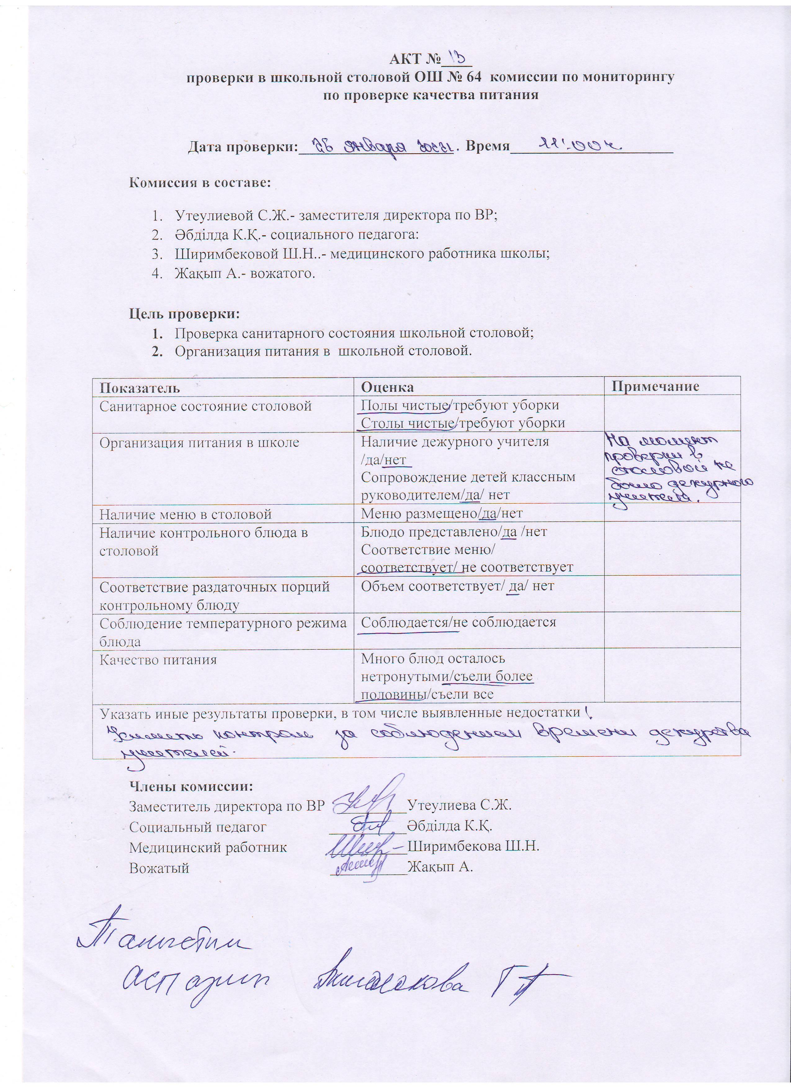 АКТ №13 проверки школьной столовой комиссии по мониторингу (бракеражной)
