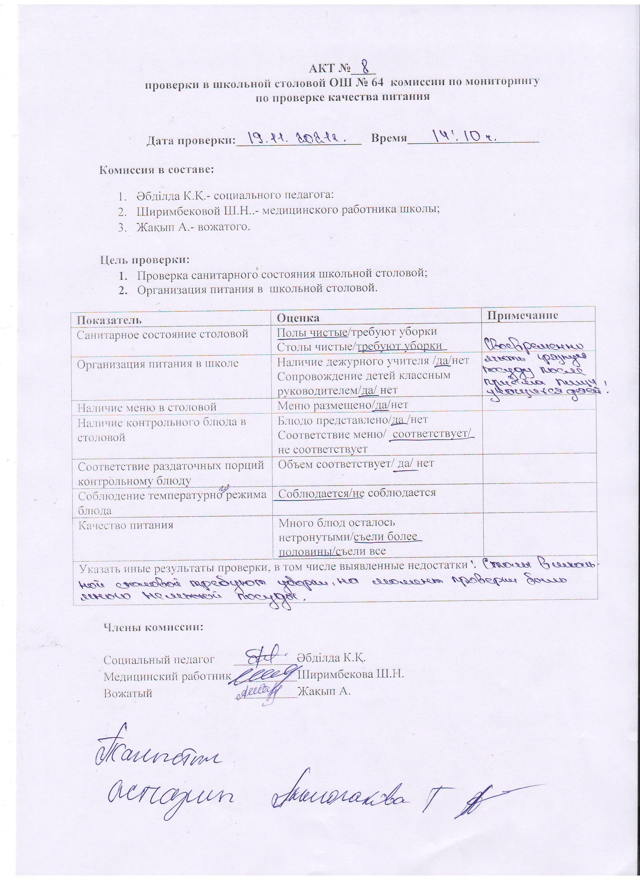 АКТ №8 проверки школьной столовой комиссии по мониторингу (бракеражной)
