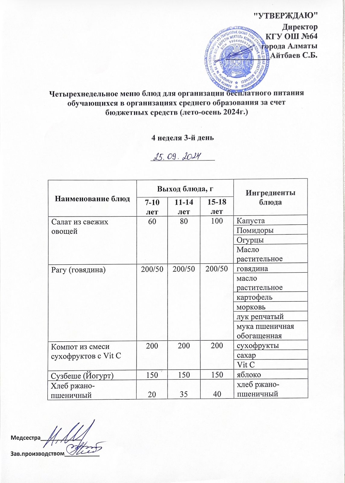 Ас мәзірі 4 апта - 3 ші күн