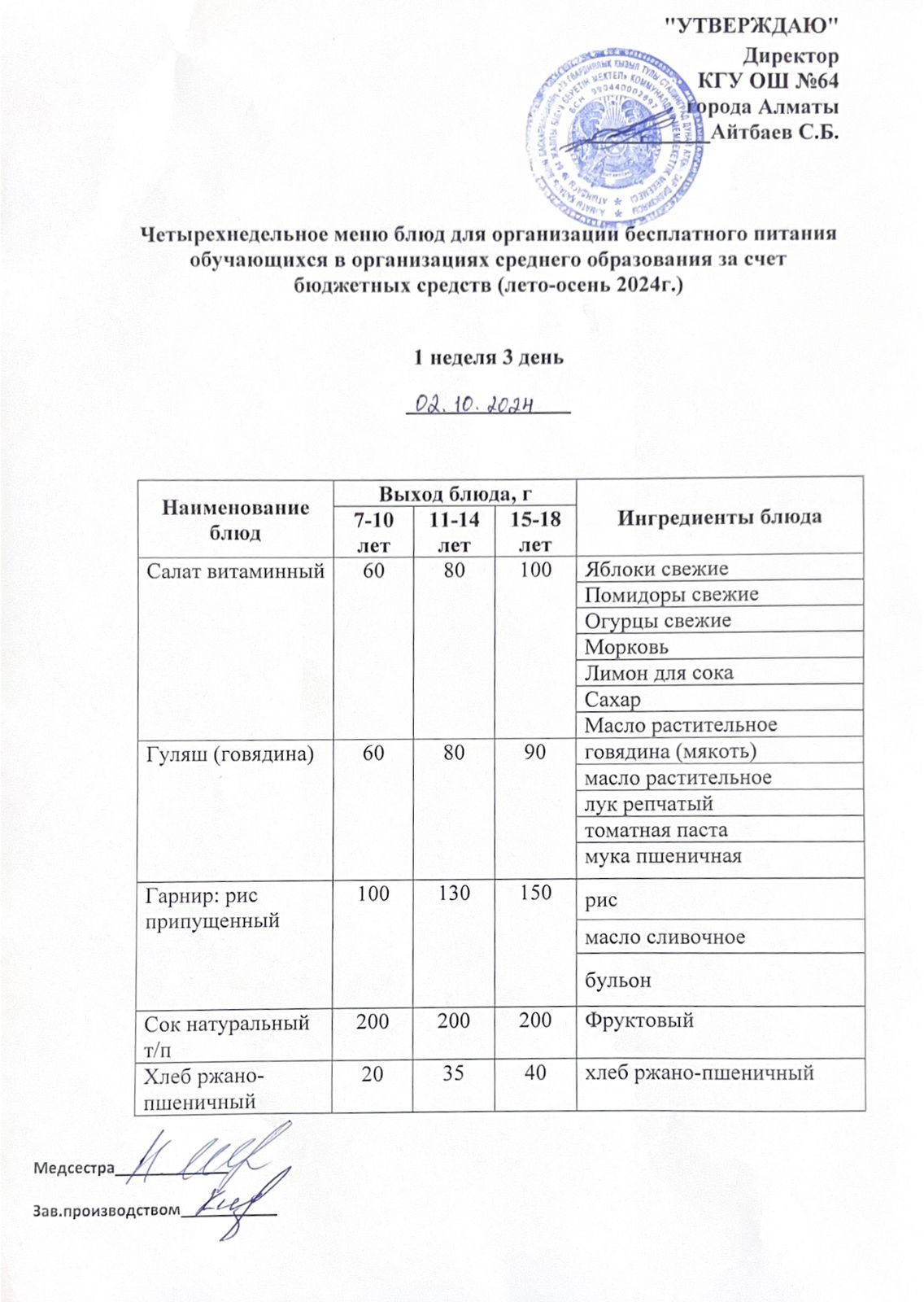 Ас мәзірі 1 апта - 3 ші күн