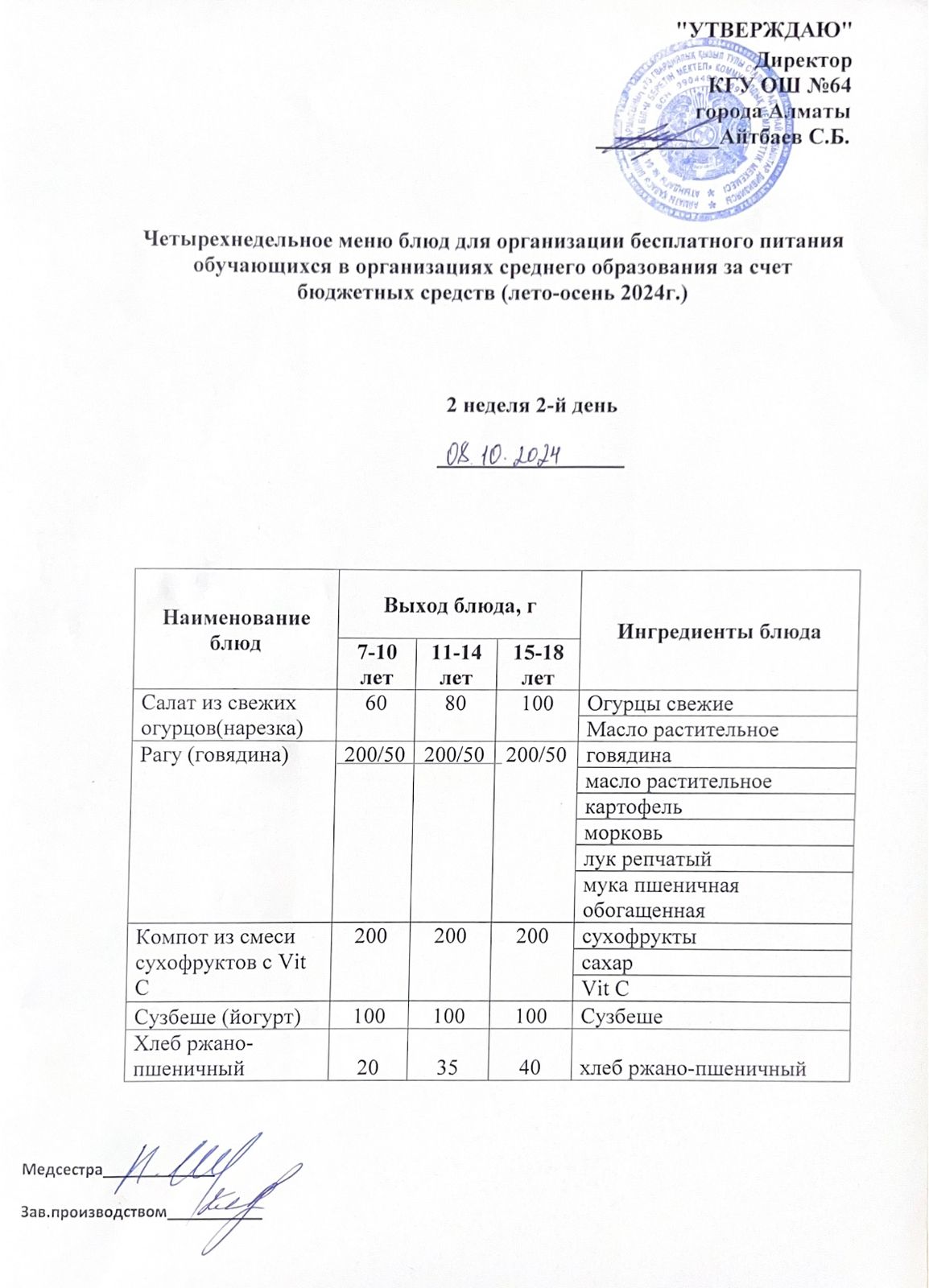 Ас мәзірі 2 апта - 2 ші күн