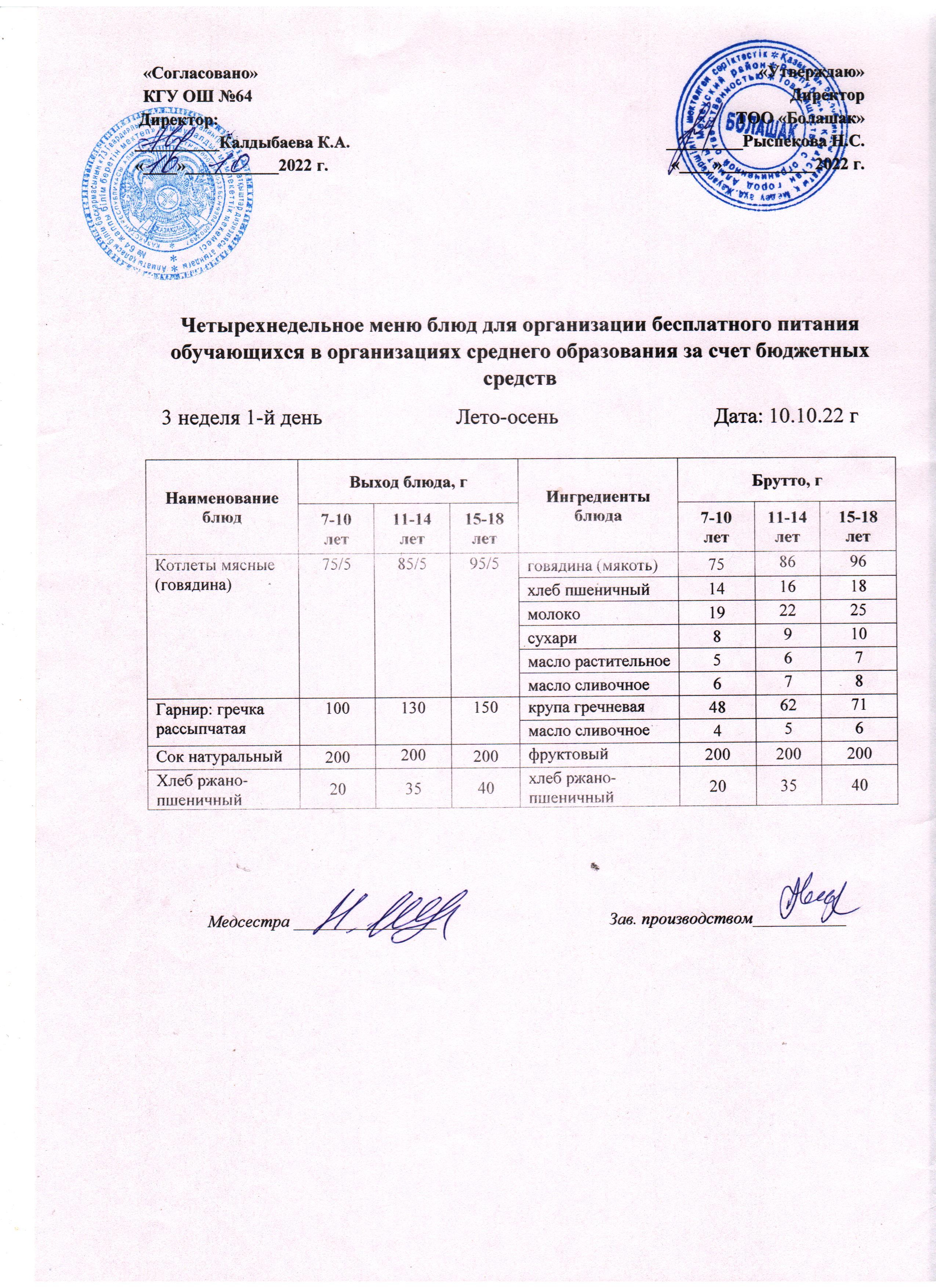 Ас мәзірі 3 апта 1 -ші күн