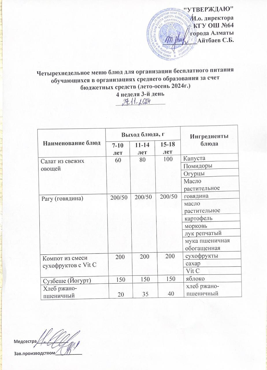 Ас мәзірі 4 апта - 3 ші күн