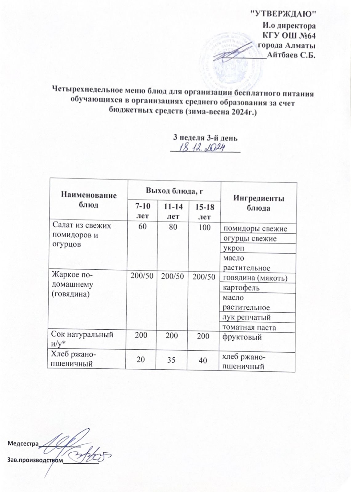 Ас мәзірі 3 апта - 3 ші күн