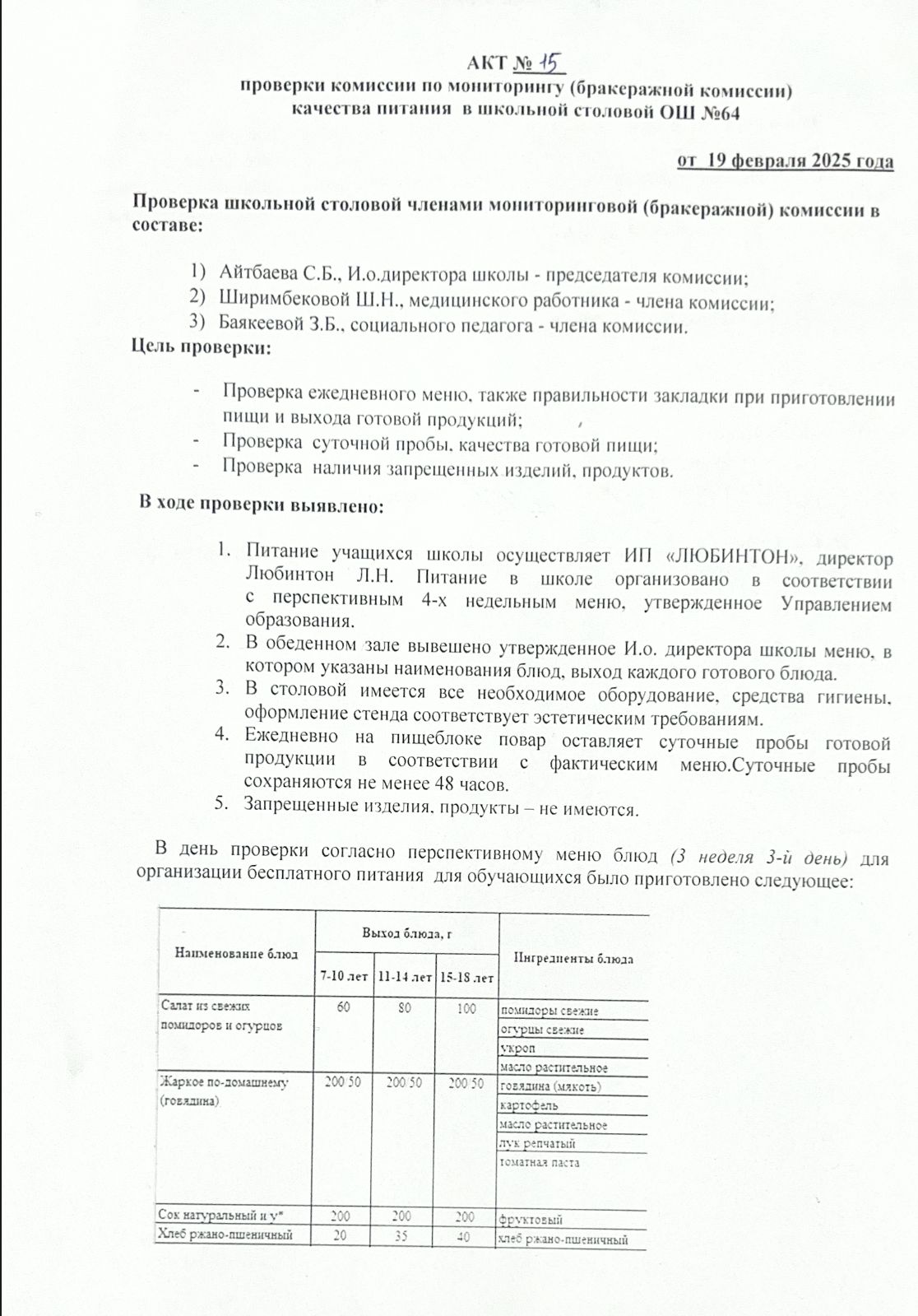 Мектеп асханасындағы тамақтану сапасына тексеру жүргізудің №15 АКТІ