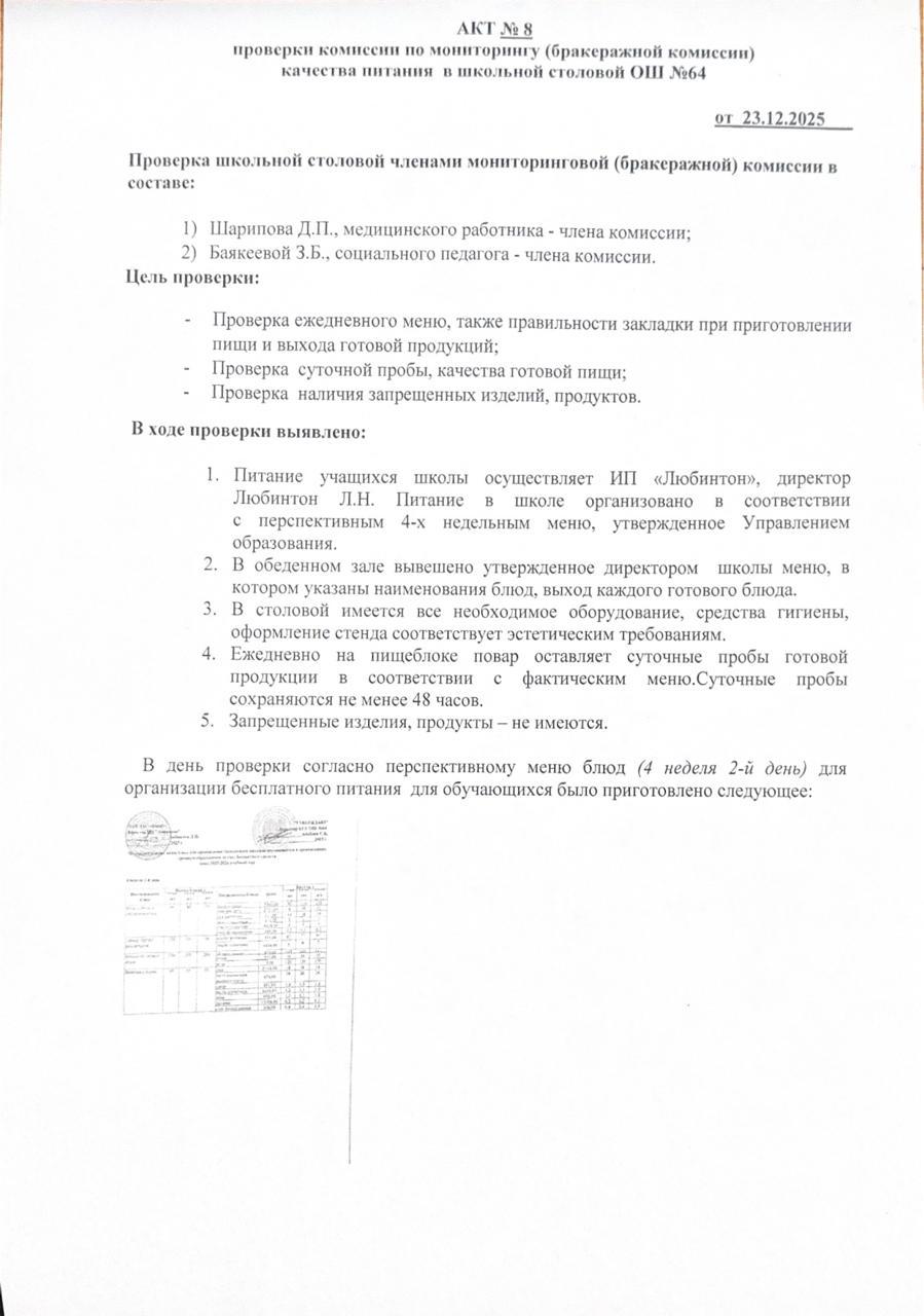 Мектеп асханасындағы тамақтану сапасына тексеру жүргізудің №8 АКТІ
